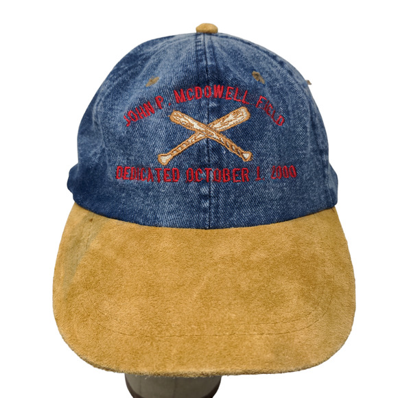 Nissin Men's John P. McDowell Field Dedication Hat Blue Tan Vintage 2000 Y2K - Picture 1 of 12
